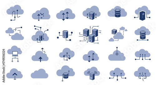Seamless pattern of blue cloud computing and data server icons