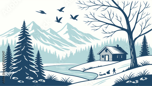 Peaceful Winter Mountain Landscape Illustration with Cabin, Forest, and People Walking Dogs. Travel, Outdoor Adventure, Cozy Lifestyle Designs.
