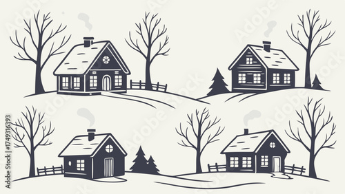 Cozy Winter Village Houses Illustration Set. Rustic Hand Drawn Homes on Snowy Hills with Bare Trees for Holiday Cards, Seasonal Marketing, and Real Estate.