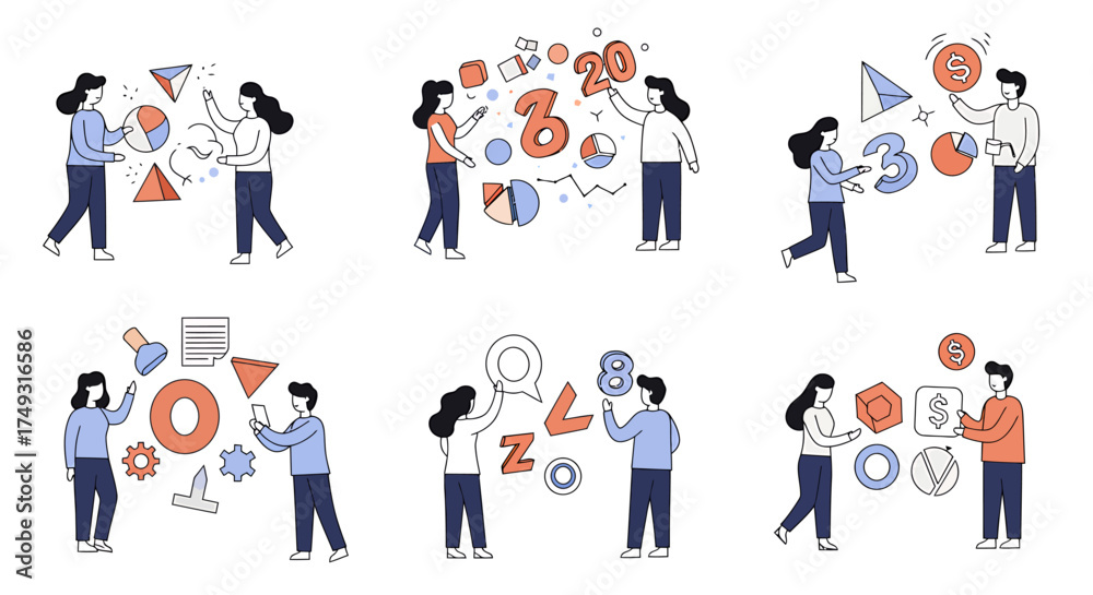 Fototapeta premium Six illustrations showing pairs of people interacting with abstract data numbers and shapes