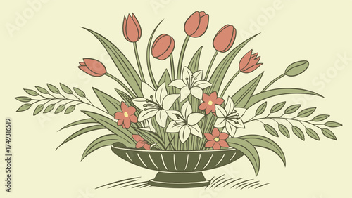 Elegant Vintage Botanical Floral Arrangement Illustration with Tulips and Lilies in Bowl for Wedding Invitations Spring Design