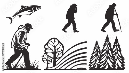 Active Senior Man Hiking Silhouette with Walking Stick, Nature Landscape, Forest Trees, and Fish Vector Icons. Outdoor Adventure, Healthy Lifestyle Graphic Set.