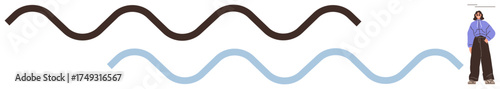 Brown and light blue wavy lines contrasting with a stylishly dressed woman posing confidently. Ideal for creativity, individuality, self-expression, confidence, design, modernity, and style. Simple