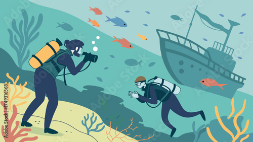 Underwater Scuba Diving Adventure Photographing Shipwreck and Marine Life with Camera and Tablet