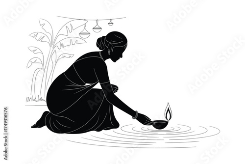 Silhouette of a woman in a sari lighting a diya with banana trees and hanging lanterns vector illustration