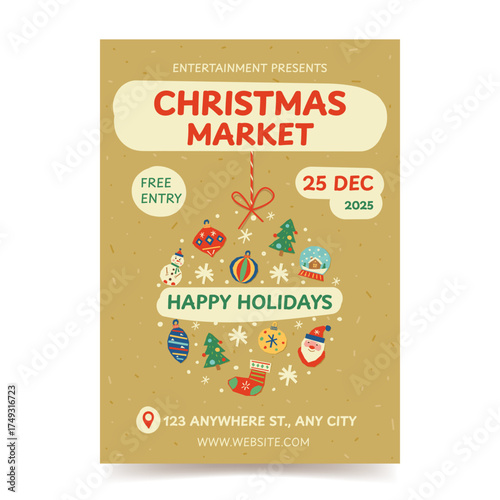 A craft Christmas fair poster template. New Year and Christmas elements are cut out of handmade paper. Vector illustration.