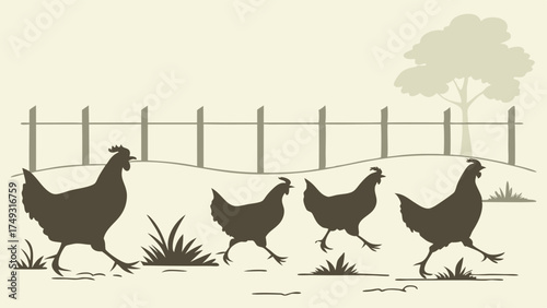 Silhouettes of Farm Hens and Chicks Walking in a Row, Leader Hen Guiding on Rural Countryside for Organic Agriculture and Rustic Design