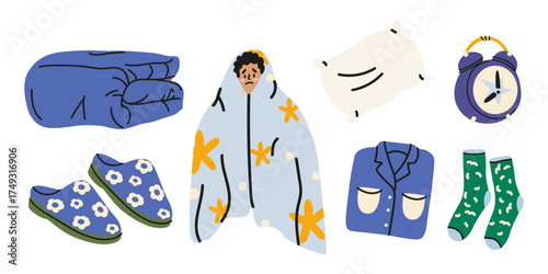 Good night flat elements set. Sleep, relax, night stickers. Boy character, pillow, blanket, pajamas, slippers. Fighting insomnia. Trendy good night vector illustrations in doodle retro style
