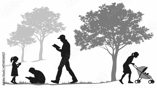 Everyday Life in Park Silhouettes People Walking Reading Playing Family with Stroller Outdoor Leisure Recreation and Relaxation Scene