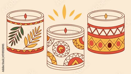 Glowing Autumn Scented Candles Illustration for Cozy Home Decor, Wellness, and Holiday Gifting. Relaxing Hygge Design