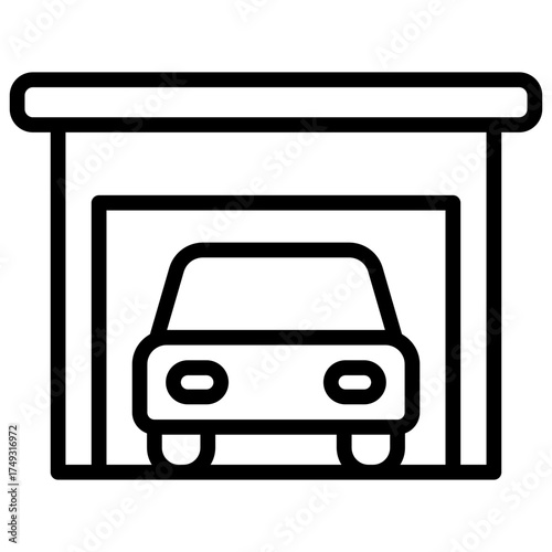 Garage Parking Outline Icon Design Vector - Car inside a garage, representing private parking, storage, or home facility