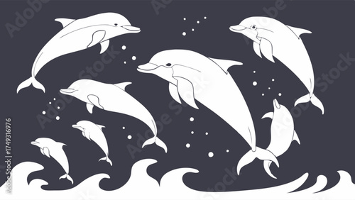 Joyful White Dolphins Leaping from Ocean Waves. Energetic Vector Graphic for Marine Life, Nature Conservation, Travel, and Educational Design.