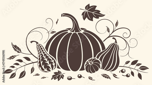 Elegant Autumn Harvest Pumpkins Gourds Leaves Berries Decorative Illustration for Fall Seasonal Marketing, Thanksgiving Invitations, and Cozy Web Design