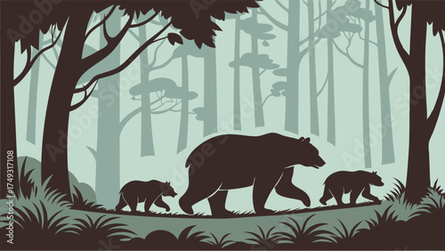Protective Mother Bear and Two Cubs Walking Through a Forest Silhouette Wildlife Nature Conservation Family Journey Wilderness Adventure