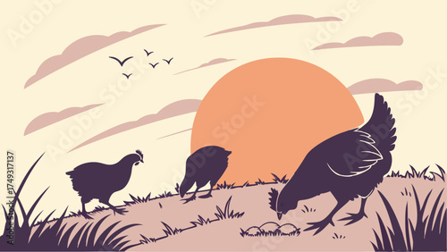 Silhouette Chickens Foraging at Sunrise. Peaceful Farm Hen and Chicks in Rural Field. Natural Agriculture, Organic Food, Sustainable Living