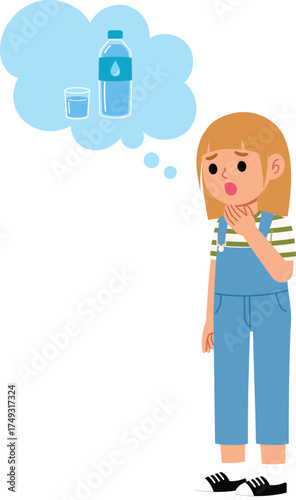 young girl character feel thirsty and thinking about water, cute girl need some water flat design, people dehydrated illustration