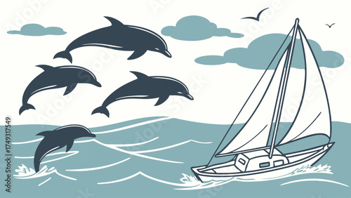 Sailboat and Playful Dolphins Jumping in Ocean Waves Summer Travel Marine Life Adventure Freedom Vacation Illustration