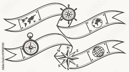 Vintage Travel and Navigation Banners with World Map Globe Compass Ship Wheel and Compass Rose Hand Drawn Outline Illustration for Adventure and Exploration