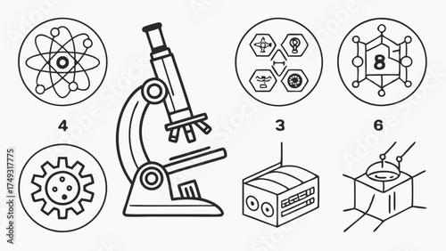 Science Technology Research Icons, Microscope, Atom, Gears, Molecular Structures, STEM Education, Innovation, Discovery, Engineering, Chemistry, Physics, Data Analysis