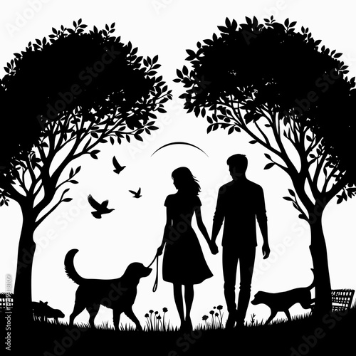 Couple playing with their dog in the park