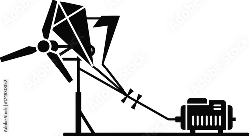 Abstract illustration of a kite powered by a wind turbine and connected to an engine