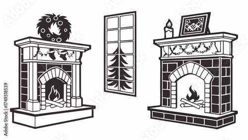 Black And White Cozy Christmas Fireplaces With Festive Decorations And Burning Fire Line Art Illustration Winter Holiday Design