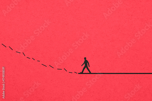 Man walking toward broken line on red background symbolizing challenge