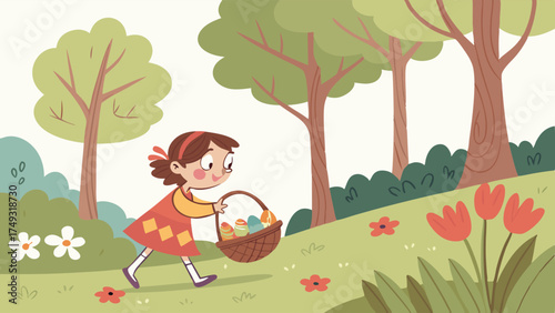 Easter Egg Hunt. Happy Young Girl Collecting Colorful Eggs in Basket in Spring Park. Kids Holiday Activity Illustration.