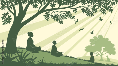 Serene Family Meditation Outdoors Under Shady Tree for Mental Health and Wellness Programs