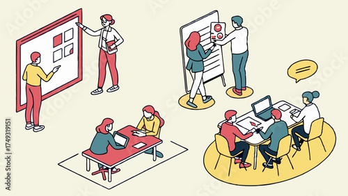 Business Teams Collaborating on Project Planning and Brainstorming. Professionals Presenting Ideas and Discussing Strategies in Meetings. Driving Innovation, Teamwork.