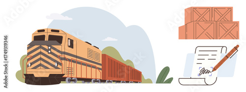 Freight train moving with containers, wooden cargo boxes, and signed documents representing shipping, transportation, supply chain, logistics management, delivery services, export, and import in
