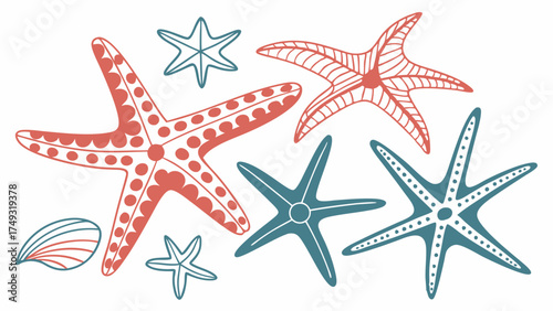 Colorful Hand Drawn Starfish and Seashells Collection for Summer Beach Vacation, Coastal Decor and Marine Life Design