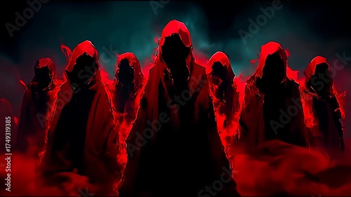 Mysterious hooded figures in red robes shrouded in smoky, dark atmosphere