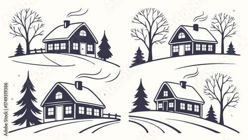 Charming Winter Village Houses Illustration Set Hand Drawn Snowy Landscape for Christmas Holiday Cards Seasonal Promotions and Web Design