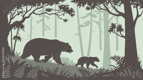 Wild Bear Family Walking in Misty Forest Silhouette for Nature Conservation Wildlife Education and Outdoor Adventure Travel