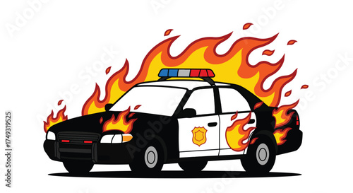 Burning Police Car with Flames and Siren Lights.
