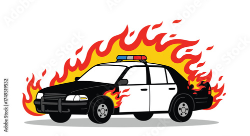 Burning Police Car with Flames and Siren Lights