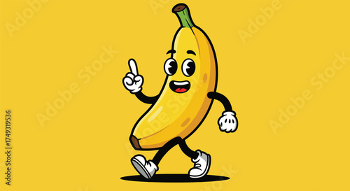 Cartoon Banana Character Walking with a Pointing Finger.