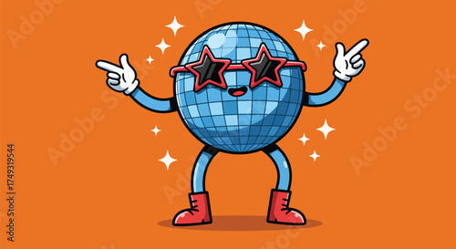 Cartoon Disco Ball Character Dancing with Star Sunglasses and Red Boots.