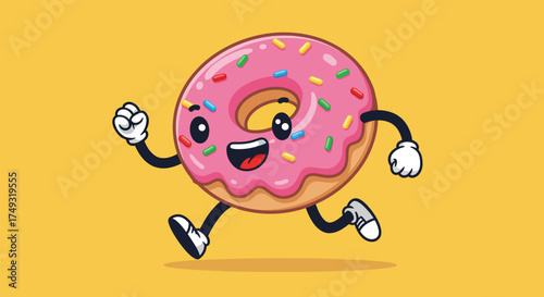 Cartoon Donut Character Running with Pink Frosting and Sprinkles.
