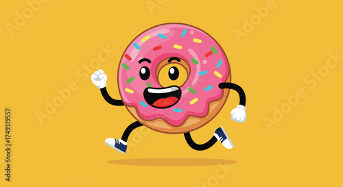 Cartoon Donut Character Running with Pink Icing and Sprinkles.