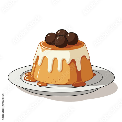 Delicious Caramel Pudding with Chocolate Topping on a Plate.