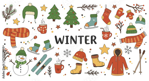Festive Winter Holiday Collection of Seasonal Objects and Decorations.