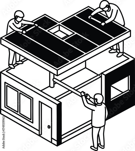 Team of workers assembling a modular house structure from prefabricated components on a white background