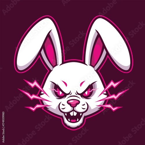 Fierce White Rabbit Mascot with Glowing Pink Eyes and Lightning Accents.