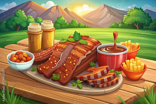 Texas barbecue ribs glazed with smoky sauce, served with corn and baked beans, rich southern American flavor.