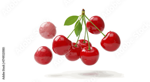 Fresh juicy cherries glistening with water droplets on white background, perfect for summer recipes and healthy living promotions