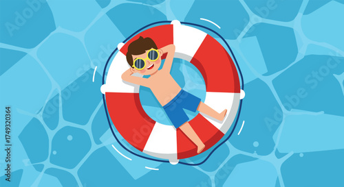 Young boy relaxing on a red and white inflatable ring in a blue swimming pool.