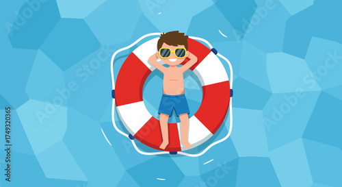 Young boy relaxing on a red and white life preserver in a blue swimming pool.
