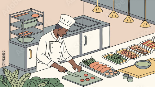 Professional Chef Chopping Fresh Vegetables in Commercial Kitchen for Healthy Meal Prep Restaurant Catering Buffet Illustration